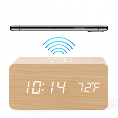 Newest Hot Selling Wooden QI Wireless Charger charging LED Calendar Time Temperature Voice Control wood Digital Alarm Clock